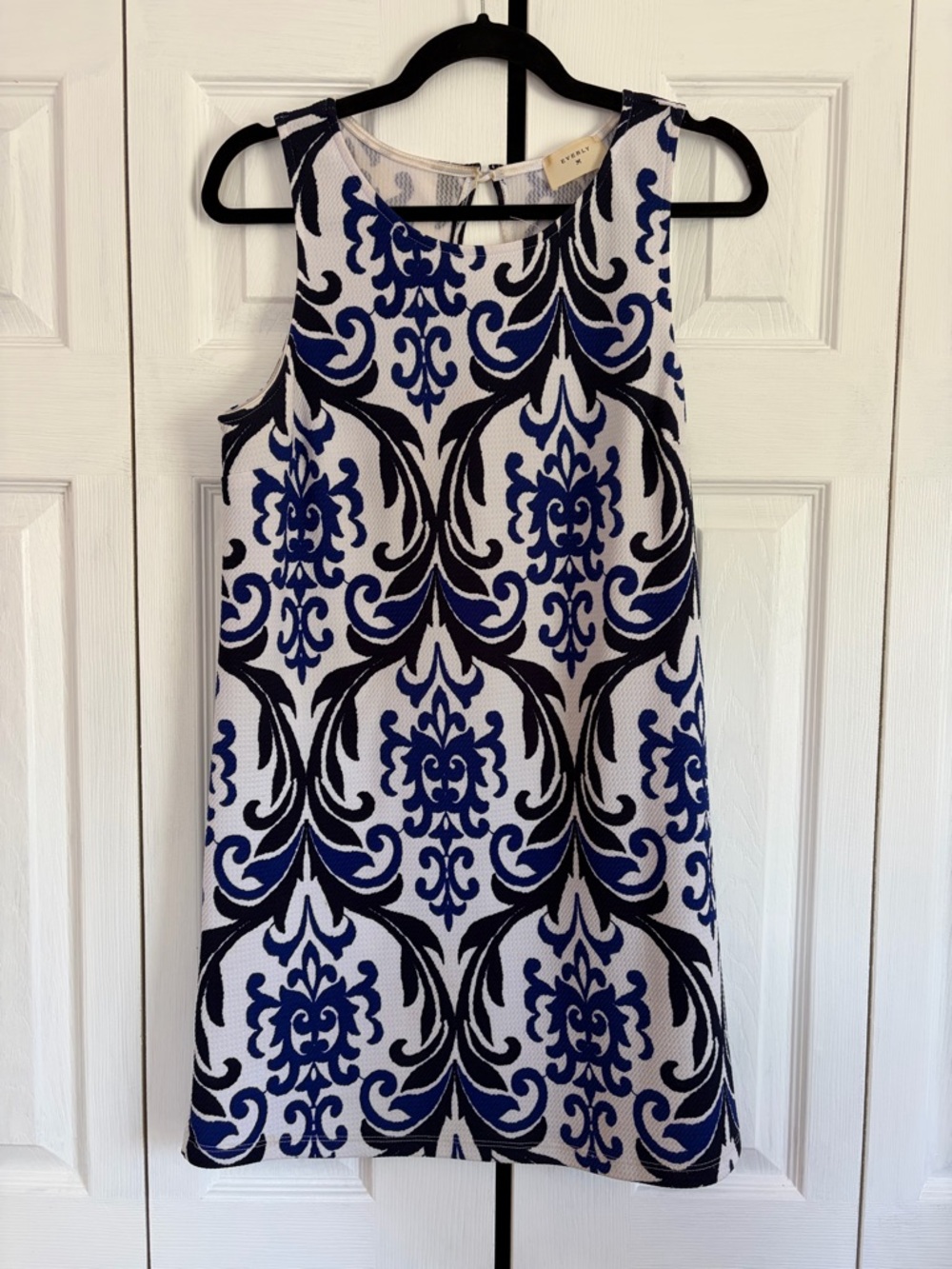 Everly White Dress with Blue and Black Damask Print